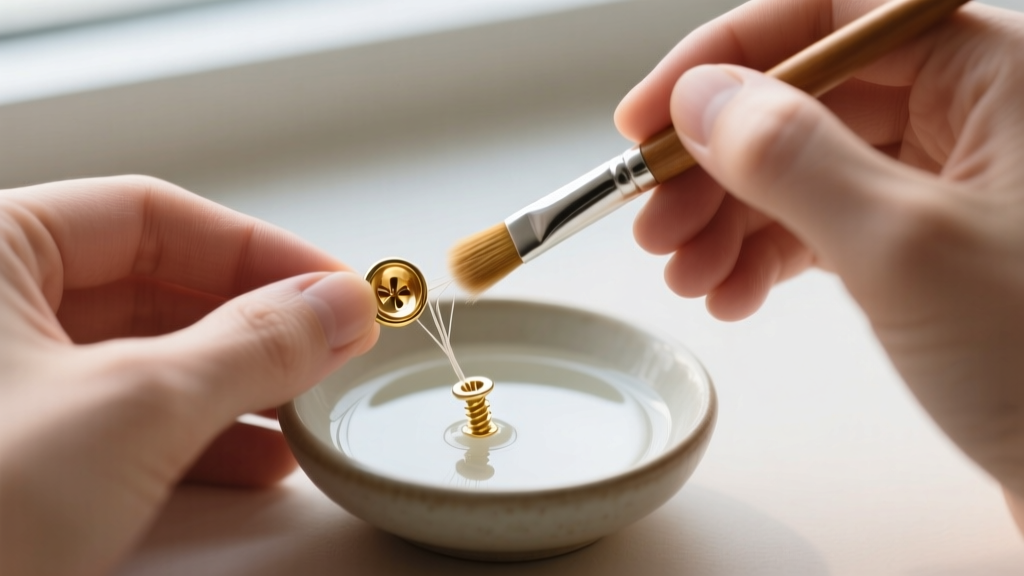 Hands using a soft-bristled brush to gently clean the threads of a gold screw-on earring back in a small ceramic bowl of saline