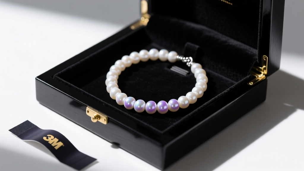 An open anti-tarnish jewelry box containing a coiled Navajo pearl necklace, with a dark 3M anti-tarnish strip placed in the corner.