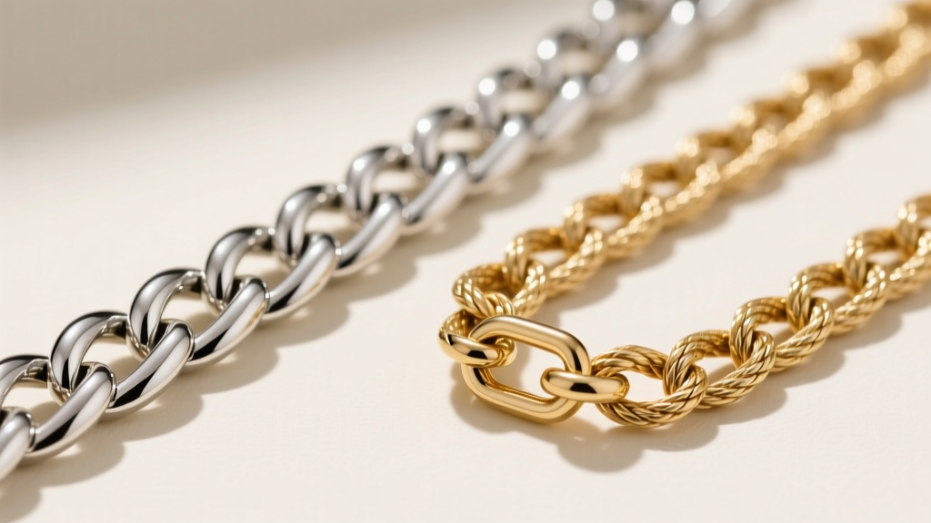 Macro comparison of a rhodium-plated silver chain and a 14k white gold cable chain, showing link thickness and lobster clasp.