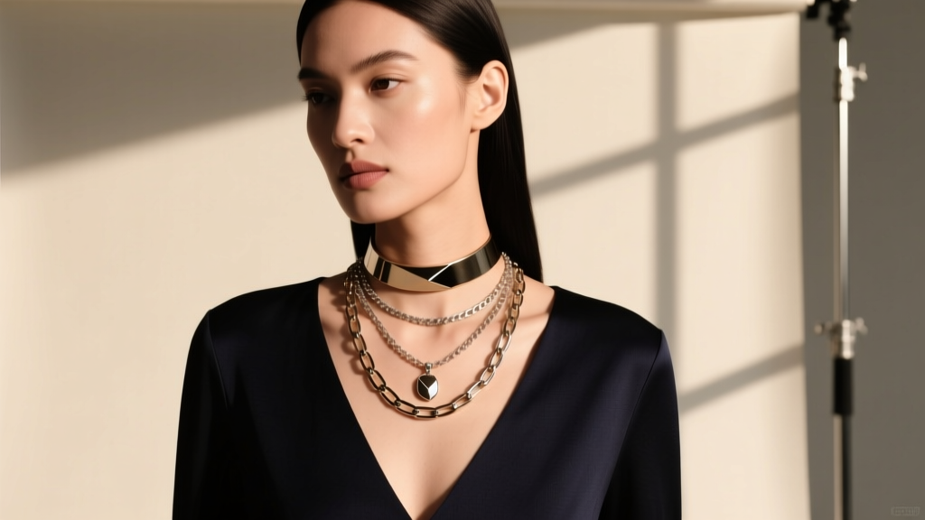 Model wearing a spaced three layer necklace featuring a 16-inch choker, 18-inch pendant, and 22-inch chain over a dark V-neck top