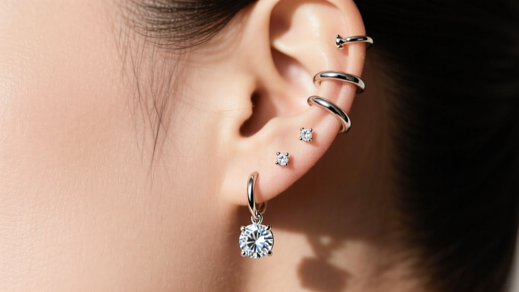 Profile view of an ear stack featuring a diamond drop stud in the lobe, surrounded by small titanium huggies and cartilage studs.