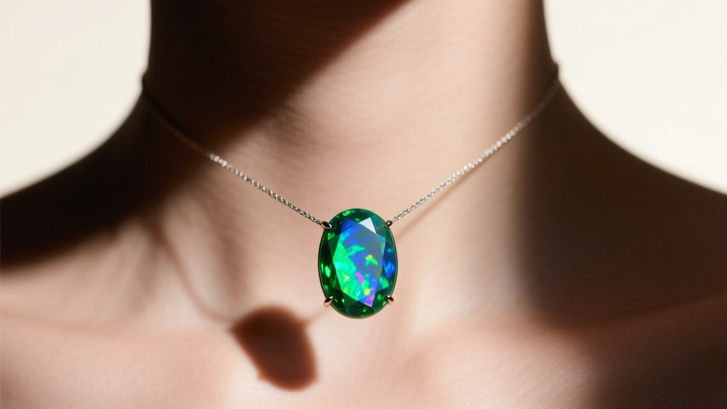 Close-up of a floating opal necklace on an invisible wire, showing vibrant green and blue play-of-color against a collarbone.