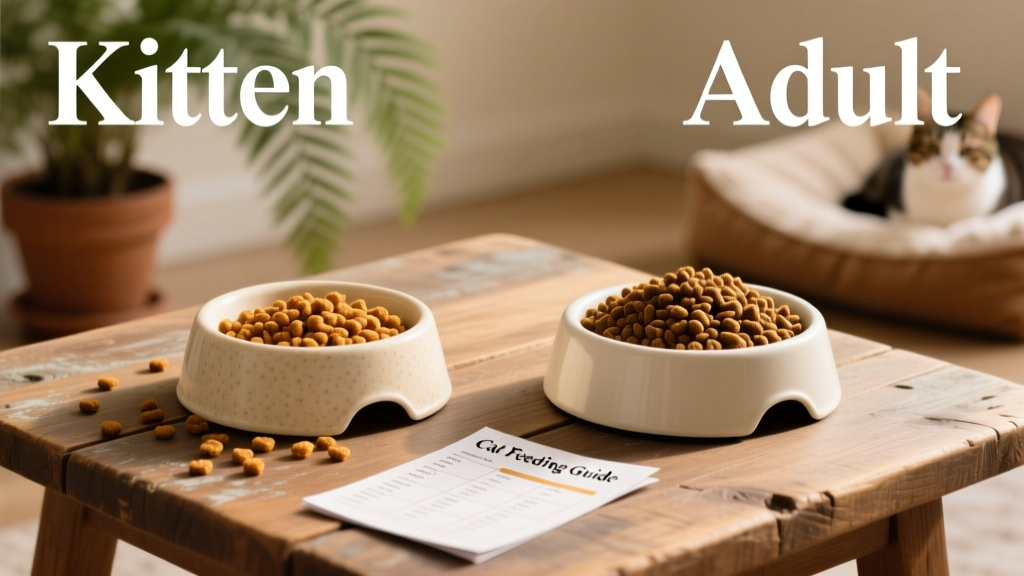 A side-by-side comparison of kitten and adult cat food bowls, each labeled clearly with 'Kitten' and 'Adult'