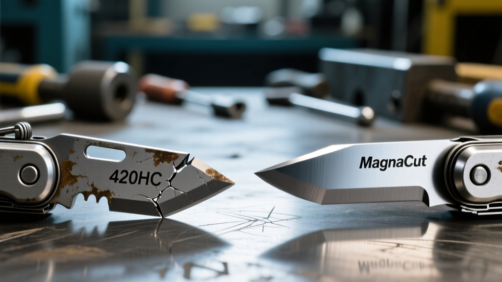 Macro shot comparing a chipped 420HC steel multi-tool blade against a pristine MagnaCut steel blade edge under bright LED workshop lighting