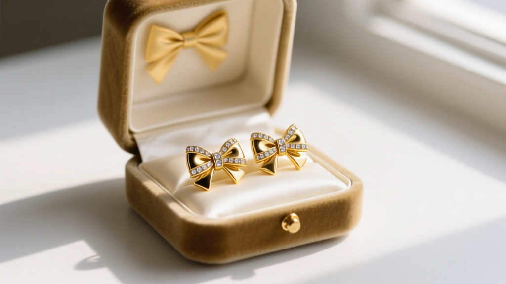 Open velvet box revealing 14k yellow gold bow stud earrings on silk, soft romantic lighting, macro jewelry photography