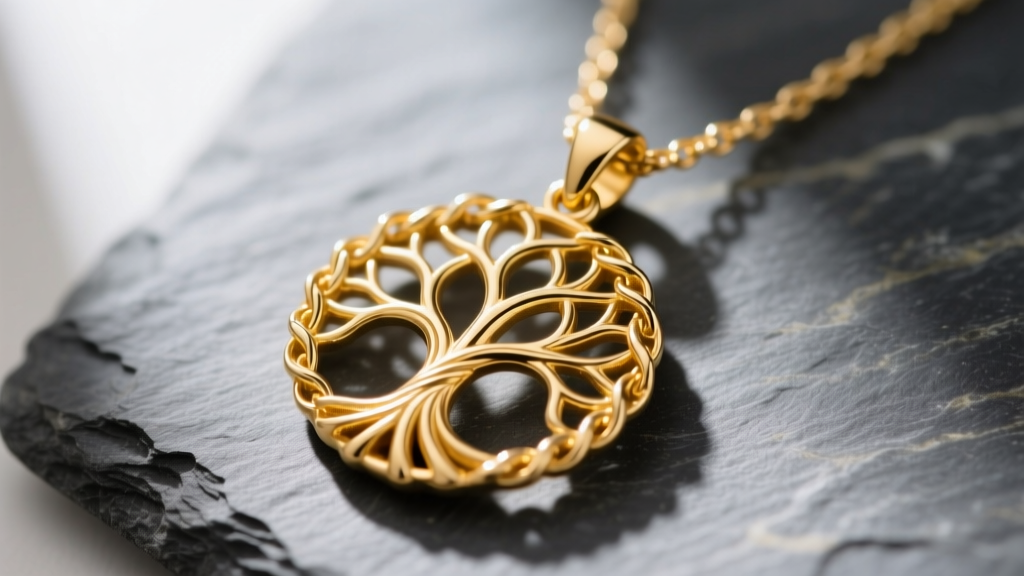 Macro shot of a tangled 14k gold tree of life necklace pendant on slate, showing intricate branch details and delicate chain knot