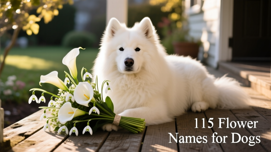 A serene close-up of a white-coated Samoyed resting beside a bouquet of calla lilies and snowdrops on a wooden porch