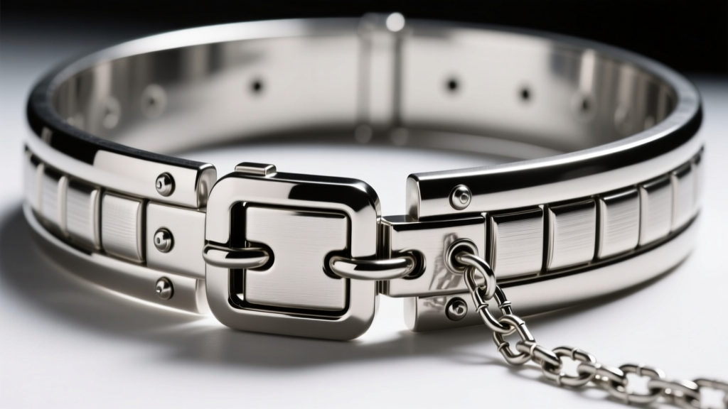 Heavy-duty magnetic clasp on a thick silver Egyptian broad collar, highlighting reinforced solder joints and a safety chain
