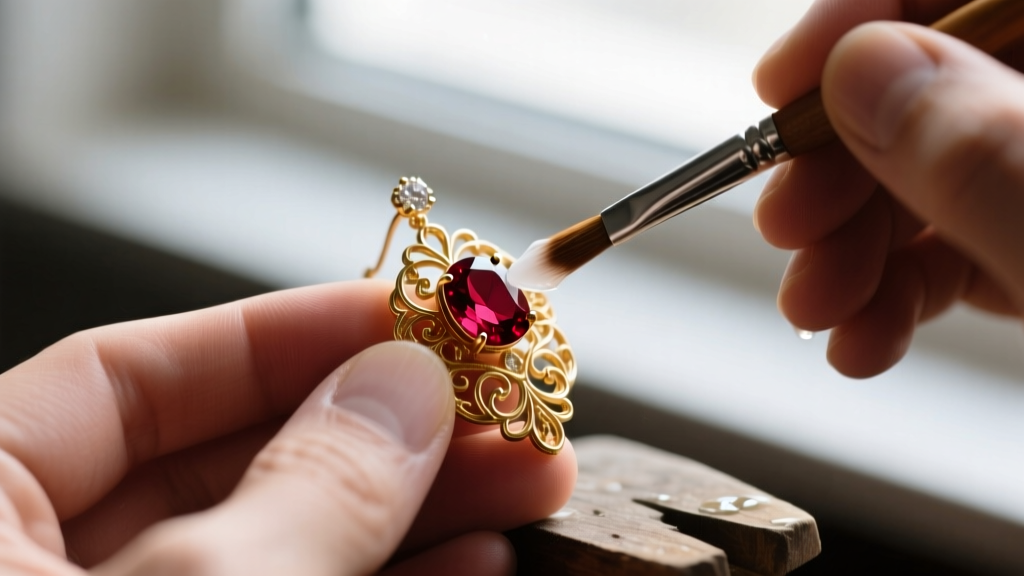 Close-up of a jeweler using a soft brush and soapy water to gently clean gold filigree around a red garnet stud earring