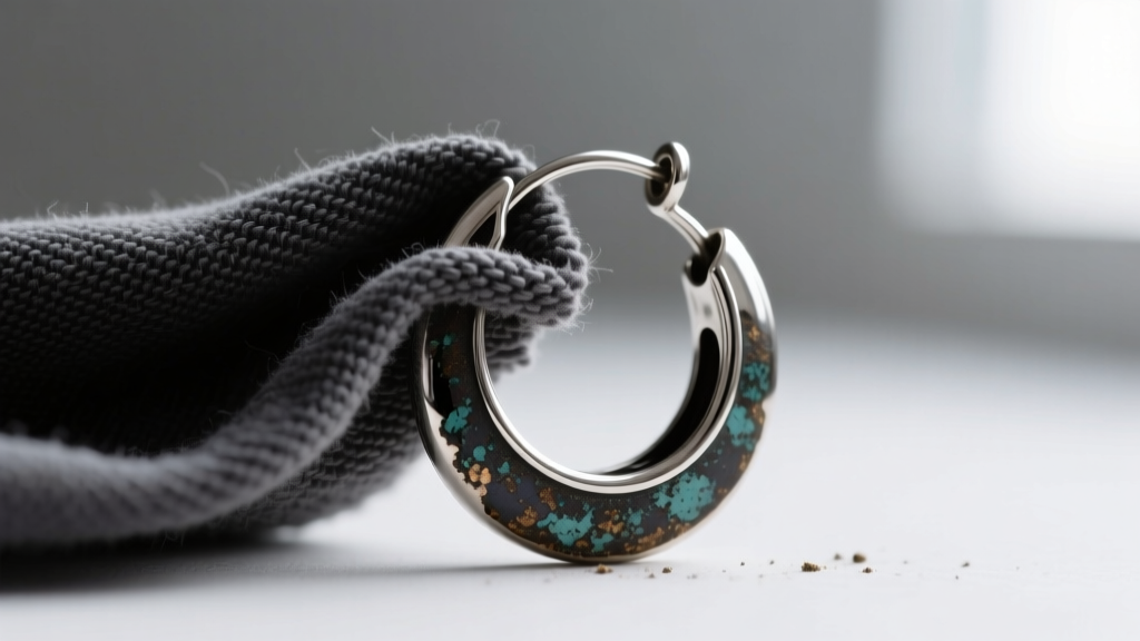 Macro shot of microfiber cloth wiping an oxidized silver RLM hoop earring, highlighting the carefully preserved dark metal patina.