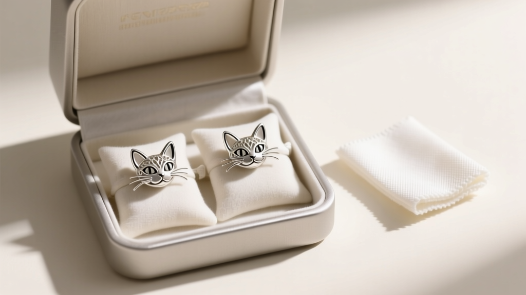 Open jewelry box showing silver cat earrings stored inside anti-tarnish cloth pouches next to a small microfiber polishing cloth.