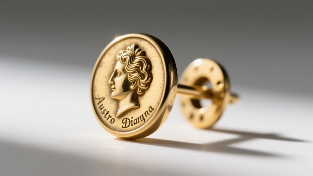 Macro photography of an antique earring clasp showing the faint Austro Hungarian Diana head hallmark stamped on 14k gold metal