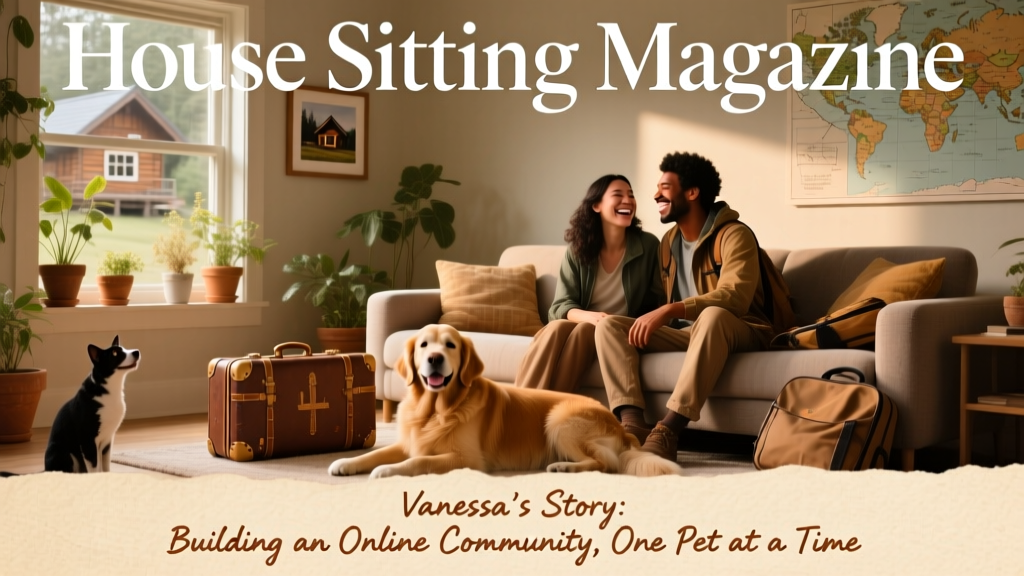 A well-designed digital magazine cover titled 'House Sitting Magazine' featuring photos of pets and diverse travelers