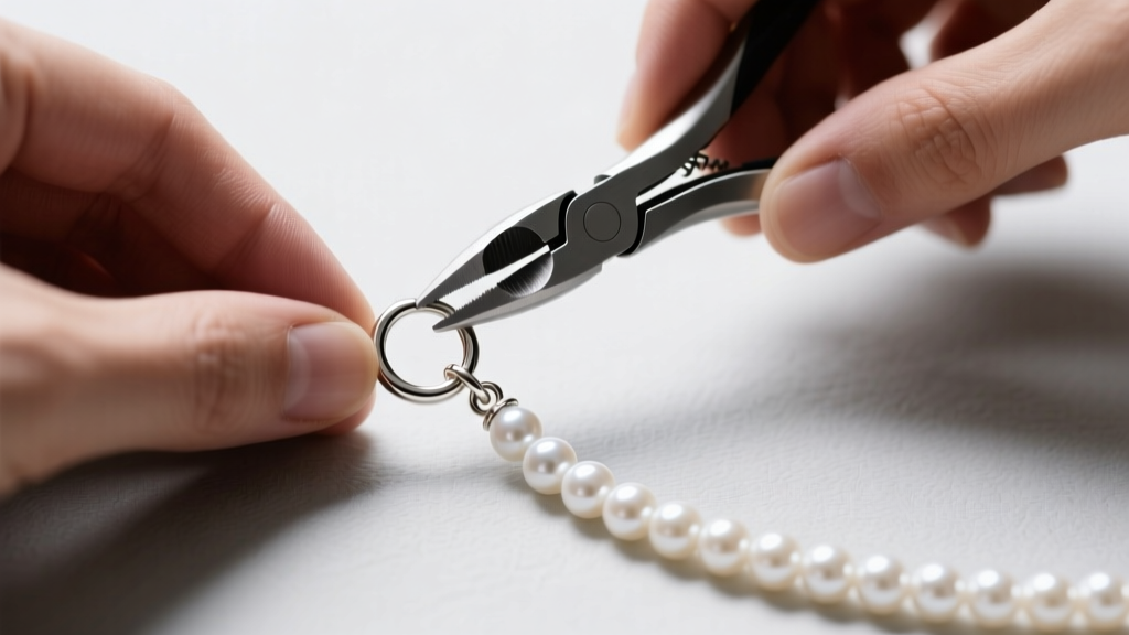 Overhead view of hands using flat-nose pliers to open a jump ring, attaching a silver magnetic clasp to a pearl strand necklace.