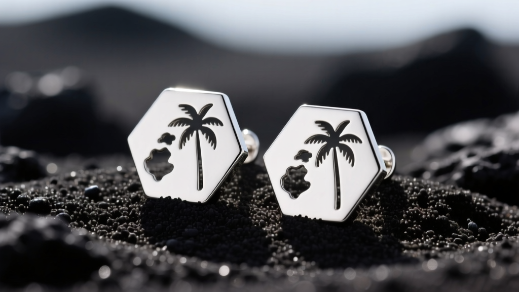 Macro shot of matte sterling silver hexagon earrings with a Fiji island cutout, resting on dark volcanic sand in soft natural light