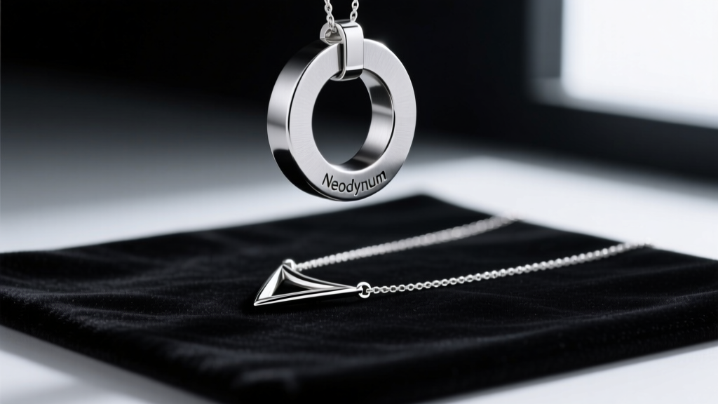 A strong neodymium magnet held near a silver pendant necklace, showing no magnetic attraction against a dark velvet testing mat.