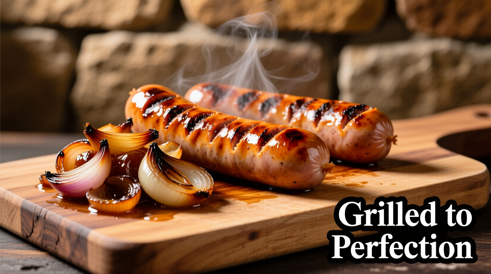 Perfectly grilled bratwurst with caramelized onions