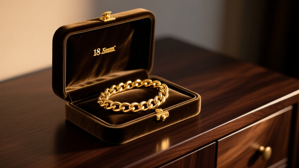 Velvet necklace box holder displaying an 18k gold Cuban chain on a dark wood dresser under warm, ambient evening lighting.
