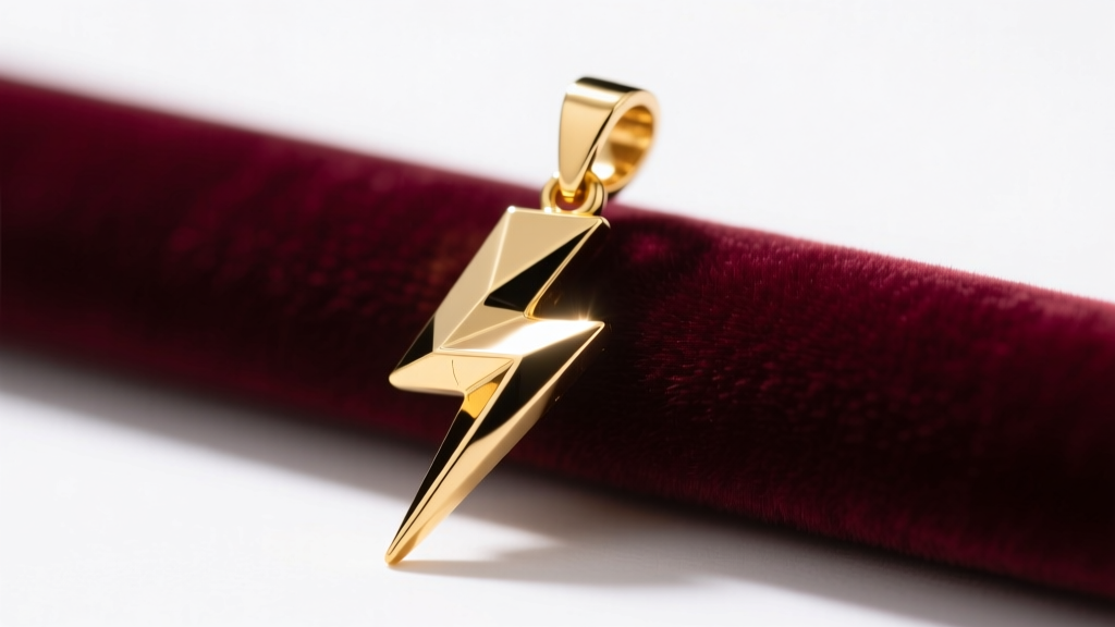 Gold lightning bolt pendant on velvet showing sharp edges and mirror polish under bright studio lighting for macro jewelry photography