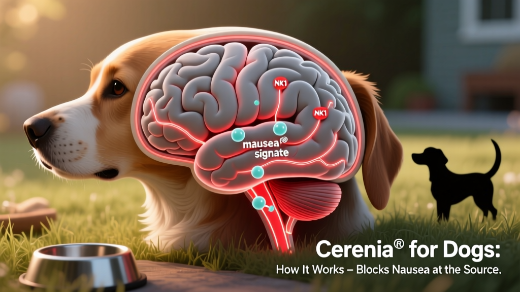 Illustration showing how Cerenia® blocks NK1 receptors in the brain to stop nausea signals