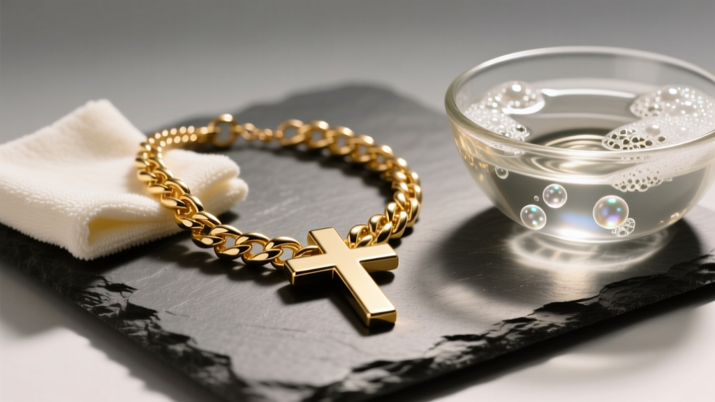 Chunky gold cross necklace on slate, beside a microfiber cloth and a glass bowl of soapy water, lit by soft warm studio lighting.