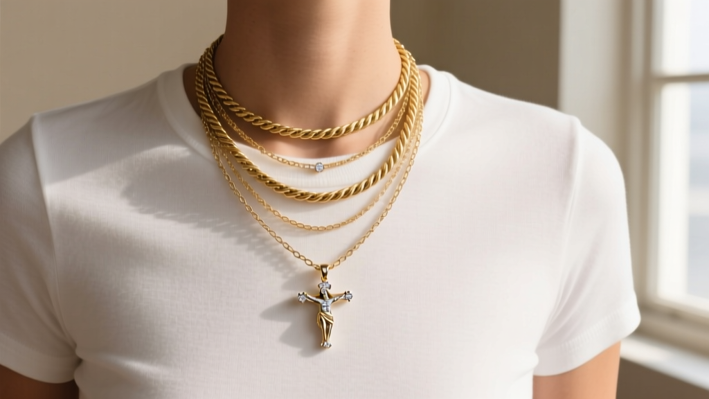 Layered necklaces featuring a small diamond-encrusted Jesus pendant on a 14k gold rope chain, styled with a plain white t-shirt