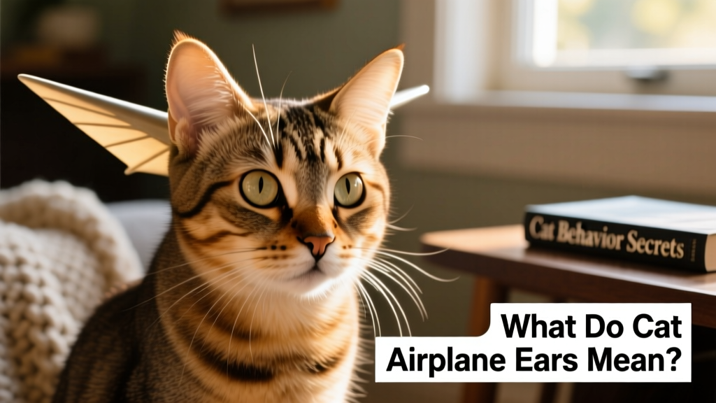 Close-up photo of a domestic cat with ears flattened sideways, resembling airplane wings, looking alert but tense