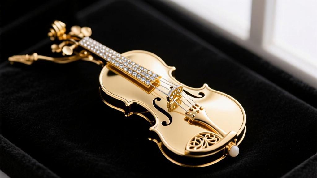 Macro shot of an 18k gold violin pendant on black velvet, highlighting diamond strings, carved f-holes, and an articulated bow.