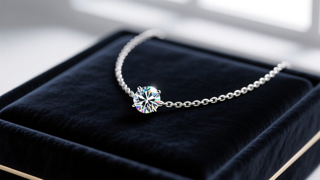 A 0.5-carat round brilliant diamond solitaire pendant on an 18-inch white gold box chain resting on dark velvet in soft lighting.