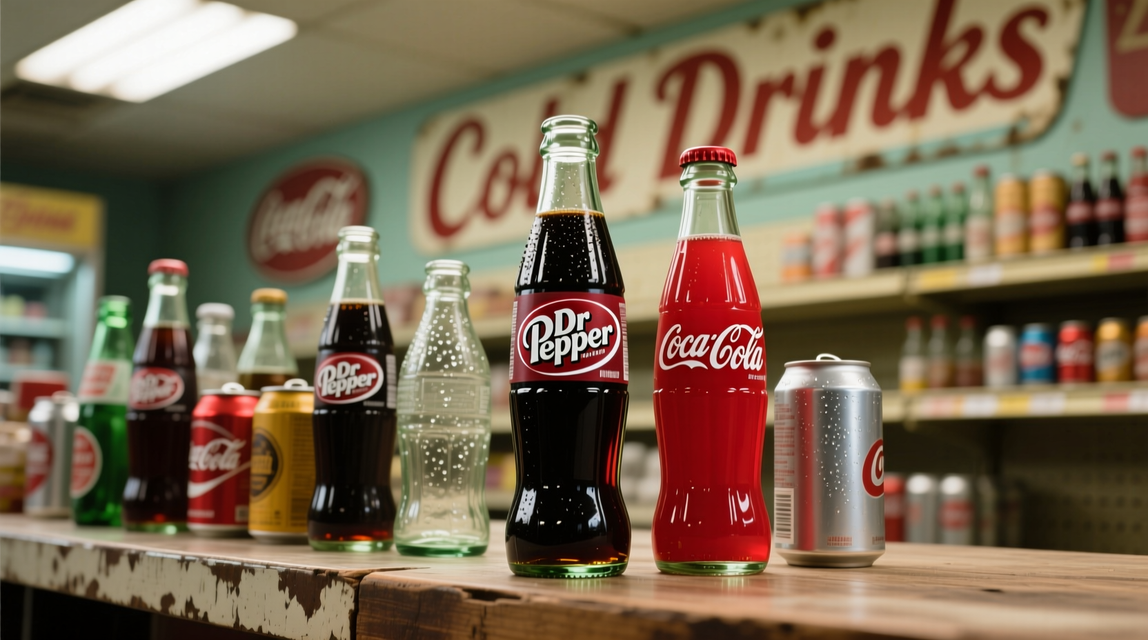 assorted soft drink bottles including Dr Pepper and Coca-Cola