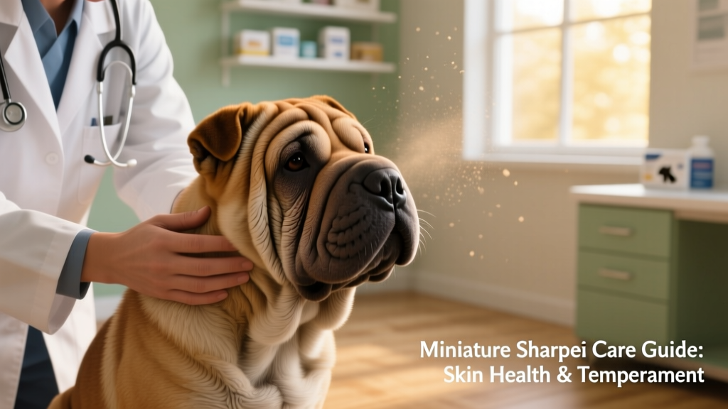 Veterinarian gently examining a Miniature Shar Pei’s skin folds during a wellness checkup