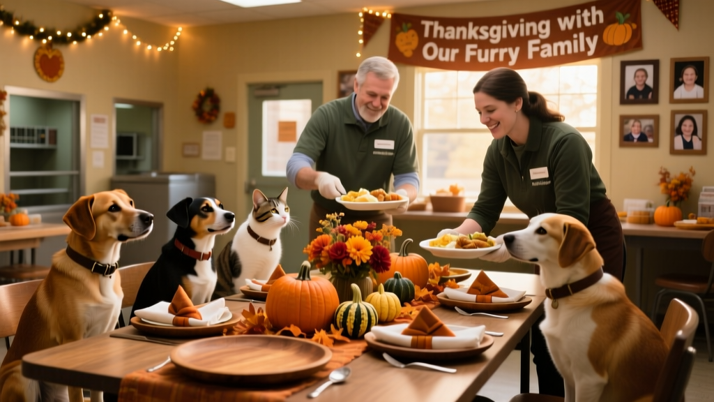 Volunteers serving individual meals to shelter dogs and cats seated at a decorated communal table