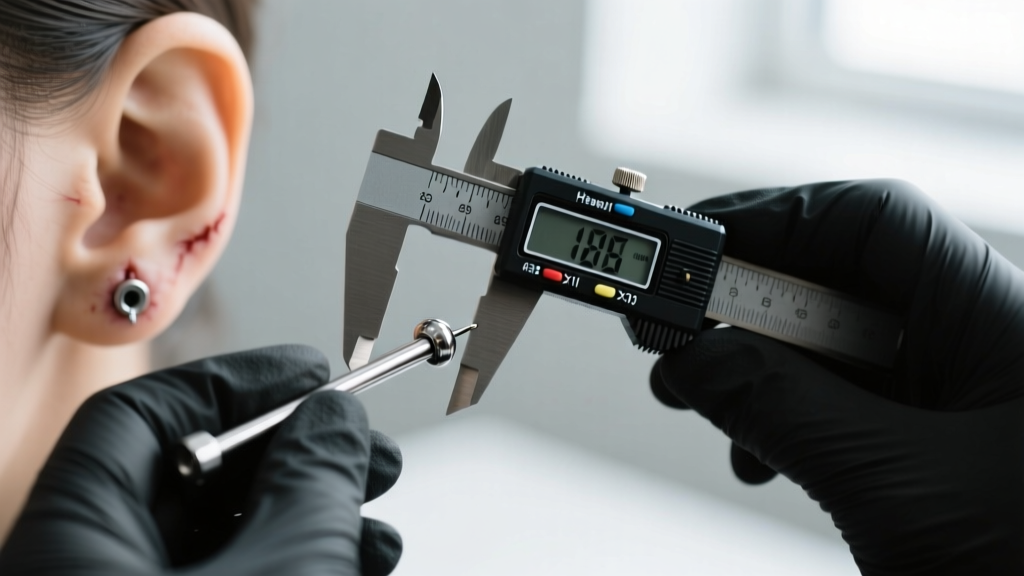 Piercer using digital calipers to measure a threadless Grade 5 titanium end before inserting it into a healed cartilage piercing