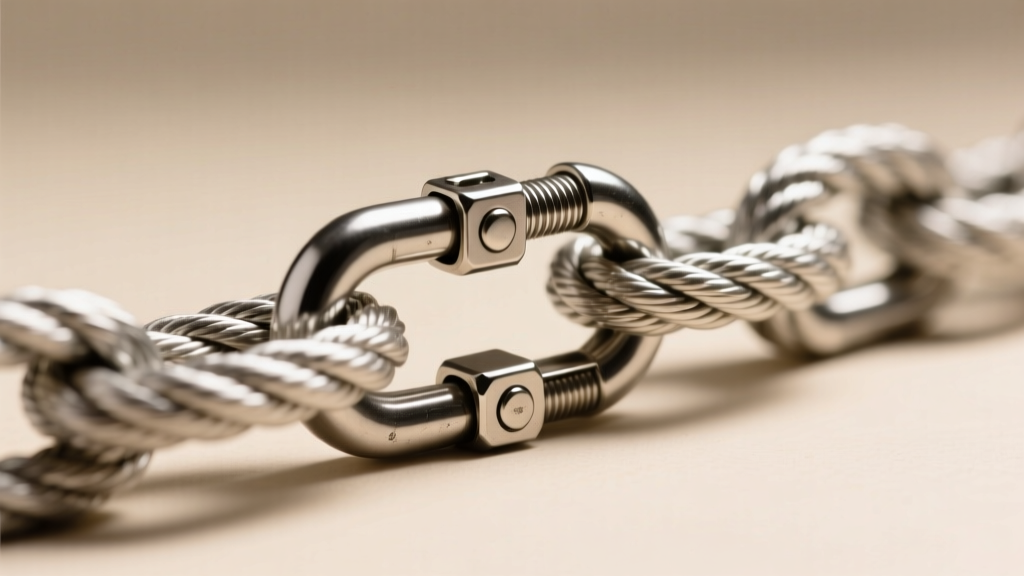 Macro shot of a heavy-duty stainless steel lobster clasp attached to a 2-inch chain extender on a thick male silver rope chain