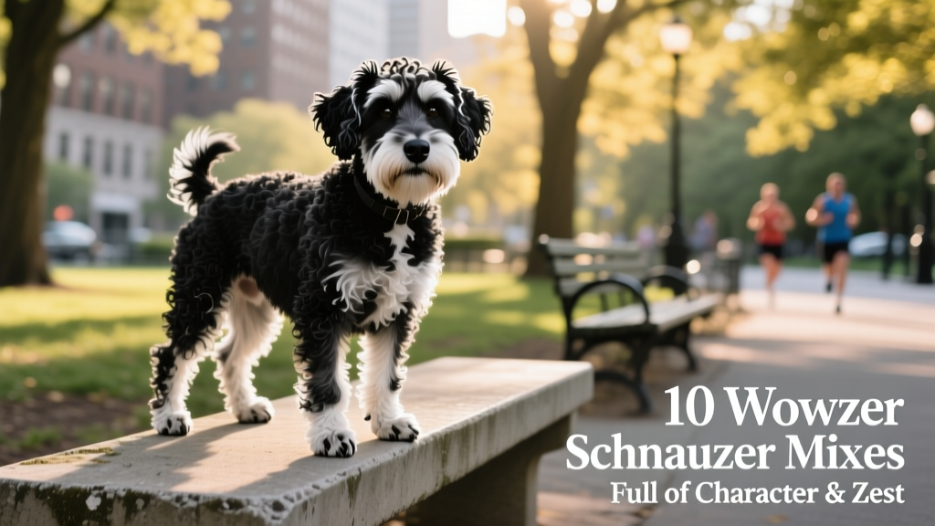 Black and white schnoodle stands with front paws on concrete bench in park
