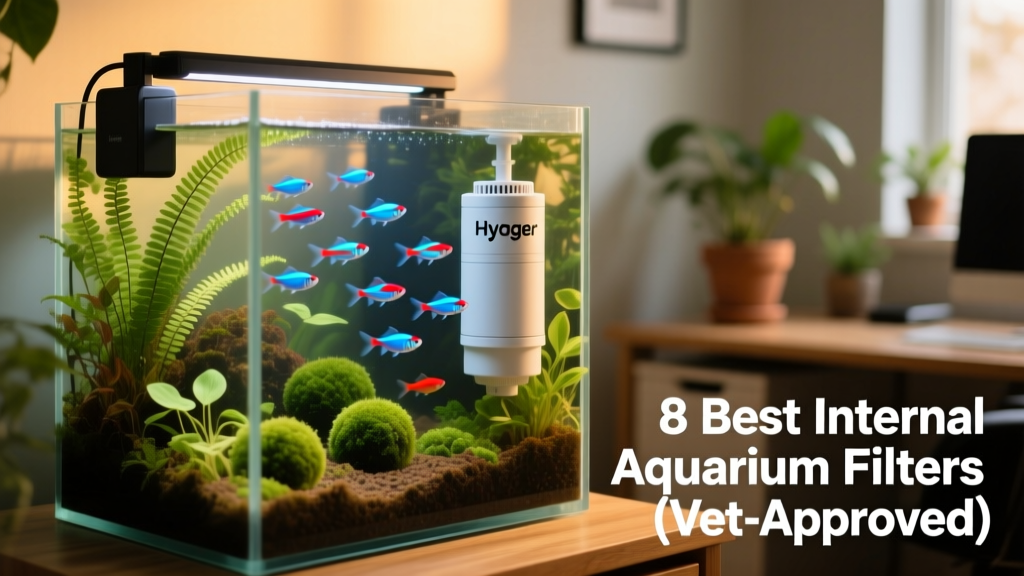 Hygger internal filter mounted on the back glass of a 10-gallon tank with live plants and neon tetras