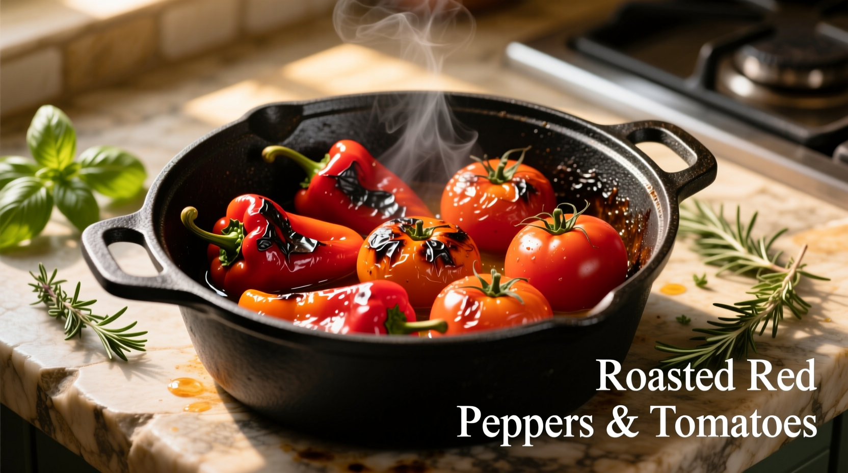 Roasted red peppers and tomatoes in cast iron pot