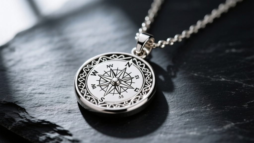 Macro photography of a small sterling silver compass pendant necklace with intricate engraving on the back, placed on dark slate