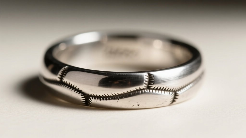 Macro photo of a vintage unmarked silver ring shank showing hand-filed solder joints and a slightly uneven hand-carved gallery.
