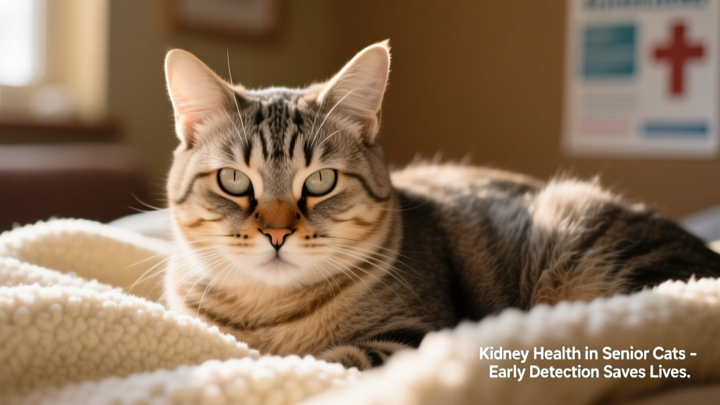 Close-up of a senior cat resting peacefully on a soft blanket, highlighting gentle aging signs