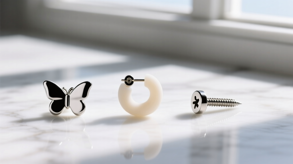 Three earring backs lined up on white marble: a standard butterfly friction clutch, a silicone O-ring, and a threaded screw-back
