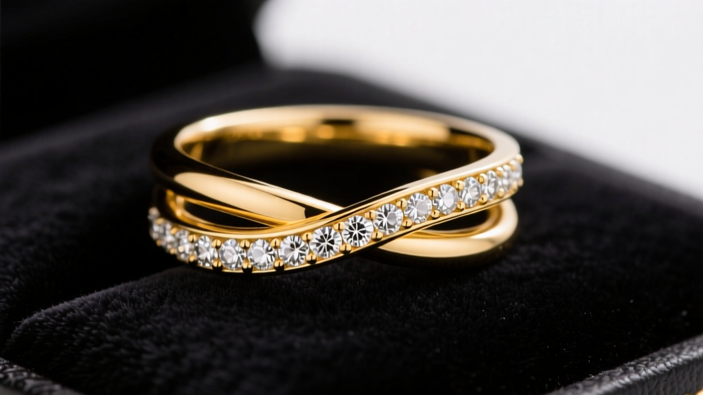 18k yellow gold bypass ring with overlapping ends featuring round diamonds, resting on dark velvet under soft studio lighting.