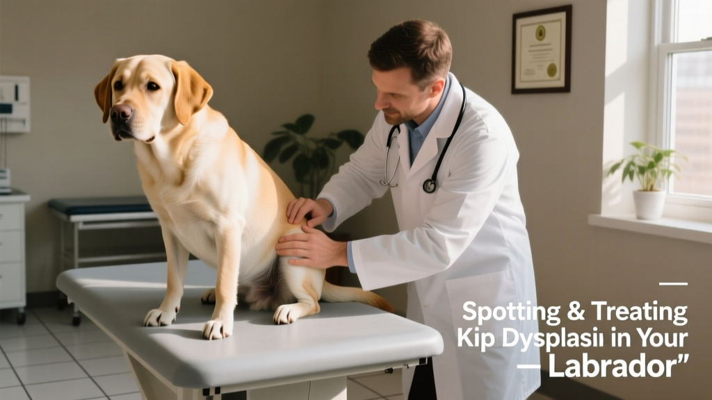 Veterinarian gently palpating a Labrador's hip joint during a physical exam, with calm dog seated on exam table
