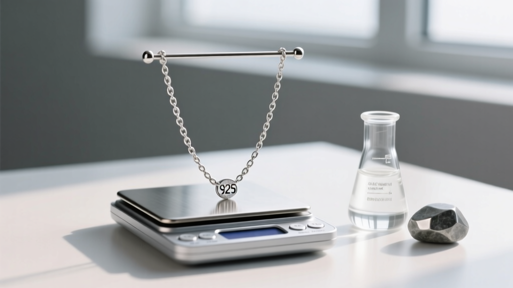 Digital scale weighing a 925 silver chain necklace next to a small bottle of acid silver testing solution and a testing stone
