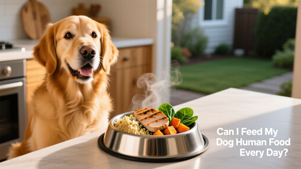 Happy golden retriever sitting beside a stainless-steel bowl filled with a colorful, home-prepared meal of turkey, quinoa, spinach, and sweet potato