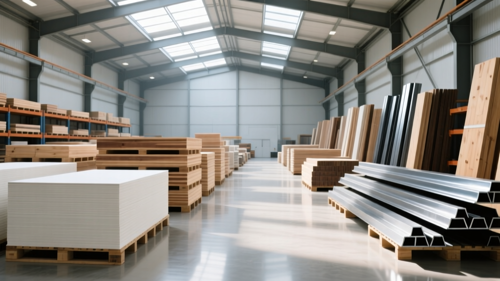 One-stop building material supplier warehouse showing organized pallets of drywall, structural lumber, and steel beams ready for dispatch