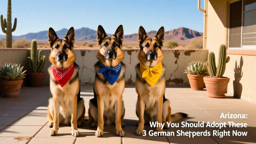 Three German Shepherds sitting side by side on a sunny Arizona shelter patio, each wearing a colorful bandana