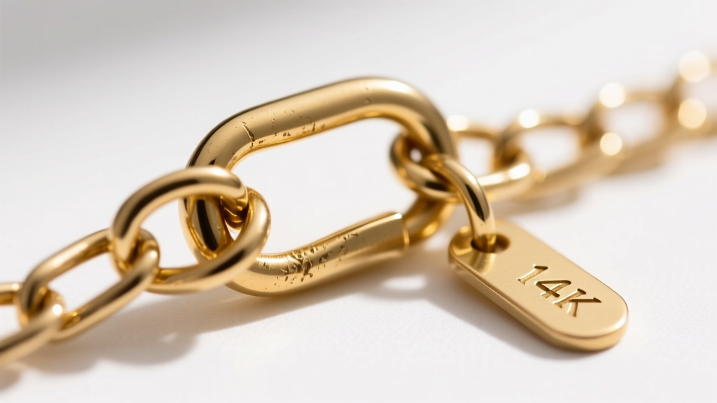 Macro shot of a 14k gold spring clasp on a thin chain, showing jump rings, wear, and a small hallmark on the attached metal tag.