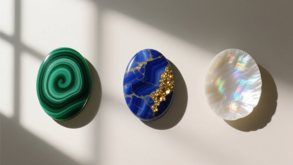 Macro shot comparing three Vintage Alhambra stone motifs: banded green malachite, blue lapis lazuli, and white mother-of-pearl.