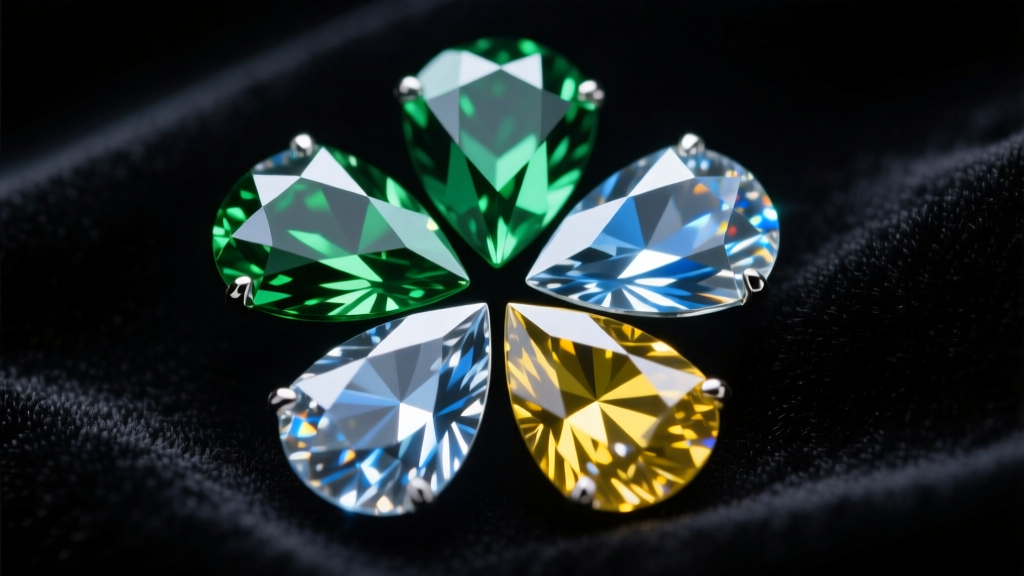 Macro view of full-cut diamond melee stones forming a symmetrical four-leaf clover on dark velvet under bright LED light.